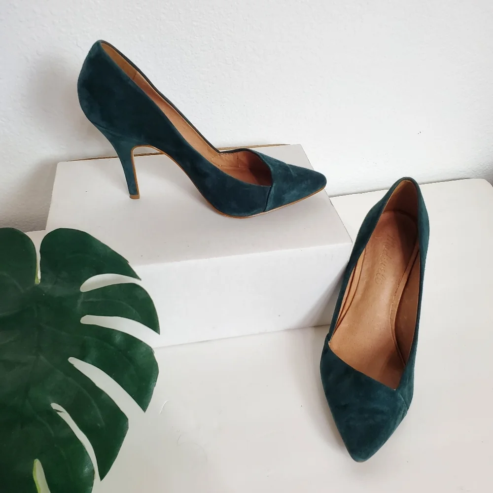 Madewell The Mira Suede Leather Pointed Toe Heel Pumps Shoes 6 1/2 Green Hunter - Picture 12 of 16